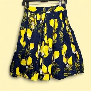 XS Blue Lemon Print A-Line Pleated Midi Skirt Vintage Style 50s Retro Granny